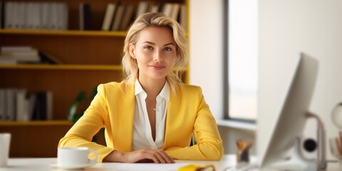 Wall Mural - happy young business woman manager sitting at the table in the office