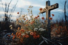 Aging Cross Surrounded By Flowers In Cemetery To The Twilight., Generative IA