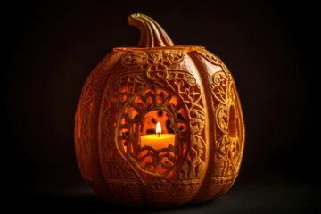 Wall Mural - close-up of a carved pumpkin with a candle inside