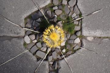 Poster - aerial view of dandelion breaking through pavement