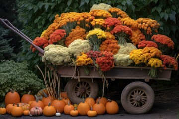 Poster - wheelbarrow filled with mums, pumpkins and straw