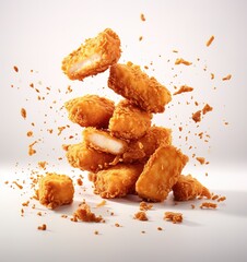 Flying chicken nuggets, one broken in half on a light background