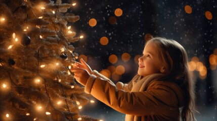 A little girl is decorating a christmas tree