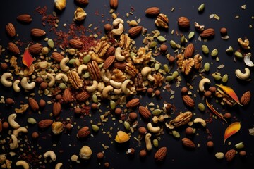 Wall Mural - an overhead shot of mixed nuts scattered randomly