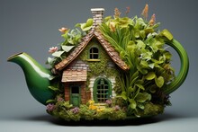A Whimsical Teapot In The Form Of A Cottage, Surrounded By Miniature Plants
