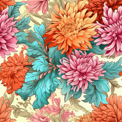  Chrysanthemum flowers paired with paisley motifs seamless pattern, AI Generated