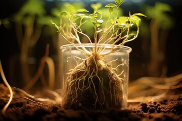 Poster - close-up shot of seedling roots through a clear pot