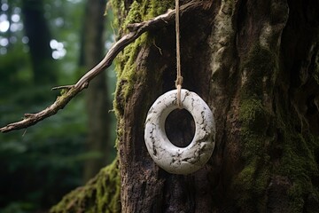 Poster - a stone with a hole, hanging from a tree branch with a string