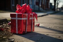 A Shoebox-sized Gift With Shiny Ribbons In A Red Mailbox