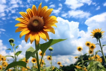 Wall Mural - an extremely tall sunflower in a field of normal-sized flowers