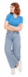 Full length portrait of young smiling happy attractive young woman 20s wearing casual blue t-shirt jeans holding hands crossed looking aside copy space isolated transparent png background.