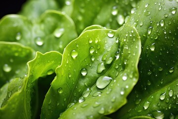 Poster - close-up shot of water droplets on fresh lettuce leaves