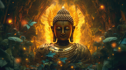 Wall Mural - abstract a painting of a colorful glowing golden buddha