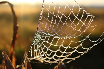 macro shot of a dew-kissed spider web glistening in sunlight