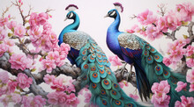 Painting Of Peacocks Sitting On A Pink Blossom Tree