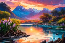 Painting Of Lakeside Mountain View, Sunset, Raging Storm, Vibrant, Rocky Riverbank, Water Hyacinth, Cattails, Distant Flying Birds, Driftwood - AI Generative
