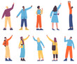 © VectorBum - Cartoon people looking up. Flat style men and women showing upwards. Persons gesturing. Guy pointing with finger. Target search. Girl raising hand. Back and side view. Vector poses set