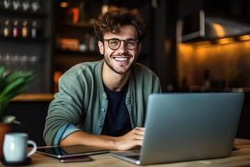 Young smiling man working online from home with a laptop computer. Creative concept for a remote IT job.
