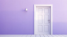 White Vintage Entrance Door On Minimal Style Light Purple Wall Background, Copy Space.
