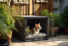 Medium Sized Metal Dog Crate In The Garden, Outside. Sunny Day. Beautiful Dog Sitting In The Pet Cage.
