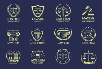 Law emblems. Lawyer badge template with scales of justice, judges gavel, court building and column symbols vector set