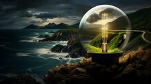 An Image Of A Glass Globe Inside An Elegant, Energy-efficient Lighthouse, Illuminating A Rugged Coastline And Symbolizing The Role Of Green Energy In Navigation