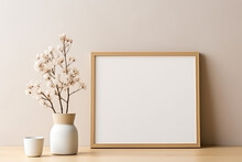 Empty Wooden Picture Frame Mockup On Pastel Beige Wall Background. Boho Style, Vase With Dry Flowers And Coffee Cup On Table. Autumn Soft Style.
