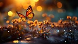 Fototapeta Sport - flowers and butterflies sunrise orange bokeh background