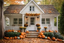 Cute And Cozy Cottage House With Fall Decorations Pumpkins For Halloween
