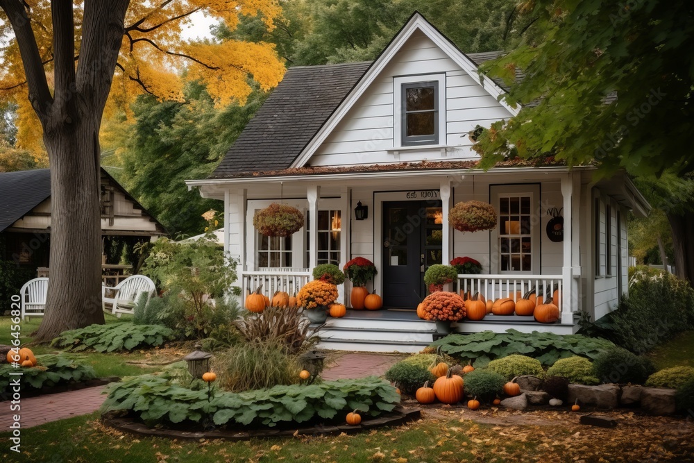 Cute and cozy cottage house with fall decorations pumpkins for ...