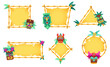 © WinWin - Cartoon tiki totem banner frames. Bamboo tribal borders, Hawaiian menu design backgrounds with totemic face mask sculptures vector set