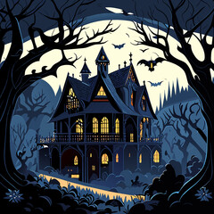 Wall Mural - Halloween night background with haunted house, trees and bats. 