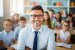 © Tetiana - Generative AI portrait of confident male teacher looking at camera schoolkids on background in class room at the elementary school