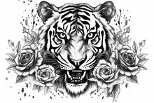 Aggressive Tiger Head, Front View, With A Rose Below The Head, Tattoo Design, Black And White Draw, White Background