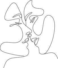 Wall Mural - Couple Faces One Line Drawing. Couple Kissing Creative Contemporary Abstract Line Drawing. Woman and Man Modern Vector Minimalist Design for Wall Art, Print, Card, Poster.