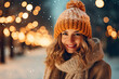 A woman in an oversized sweater and knitted beanie, winter scene, fairy lights. 