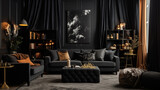 Fototapeta  - Czarny pokój z sofą zasłonami i poduszkami