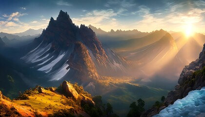 a high mountain landscape as the sun rises, casting long shadows. Generate AI