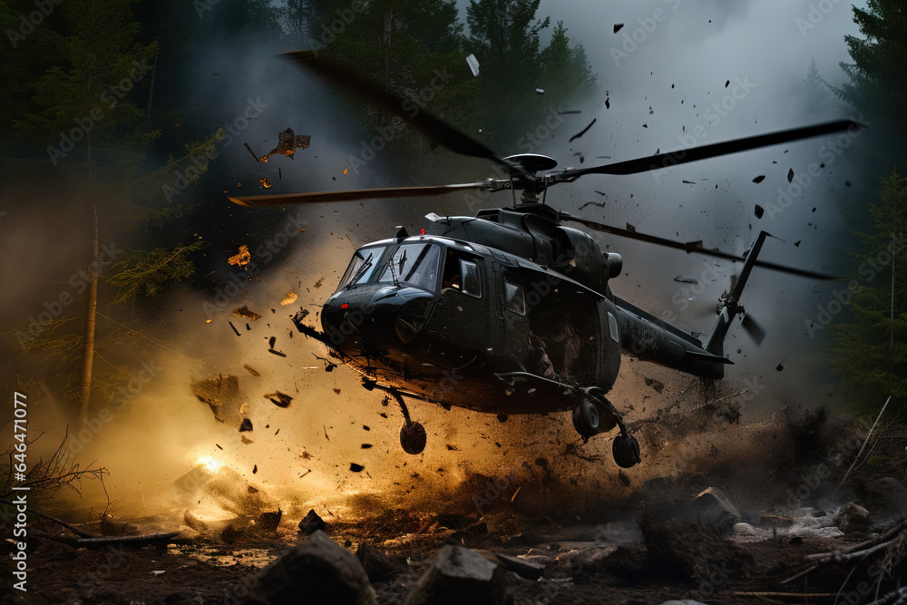Exploding Helicopter Action shot with helicopter hovering in the air over flame and ...