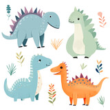 Fototapeta Dinusie - Vector set of hand drawn dinosaurs. Cute dinosaur illustrations