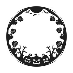 Wall Mural - Halloween holiday black frame with ghosts saying boo, creepy pumpkin faces grimacing, bats flying new the moon, cemetery with tombstones and eerie tree silhouettes inside of round vector border