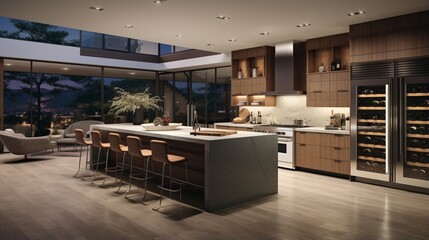 Sticker - A kitchen with a built-in wine cooler and waterfall island