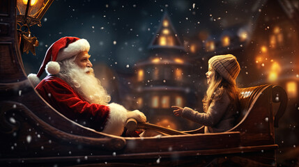 Christmas scene with Santa Claus and girl talking. Winter holiday magic riding with Santa.