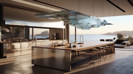 Sticker - A kitchen with a floating range hood and waterfall island