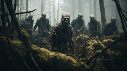 Group of zombies walking in misty forest.