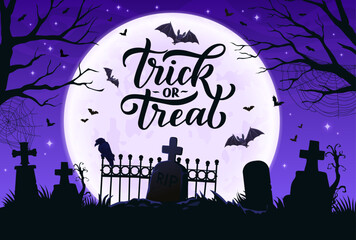 Wall Mural - Halloween trick or treat banner with cemetery silhouette and tombstones, vector background. Halloween holiday greeting card with creepy ravens, bats and midnight moon on cemetery graveyard