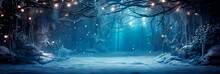 Holiday Background In A Mystical Winter Forest, With Ethereal Lights, Mythical Creatures, And A Hidden Doorway To A Magical World. Generative AI