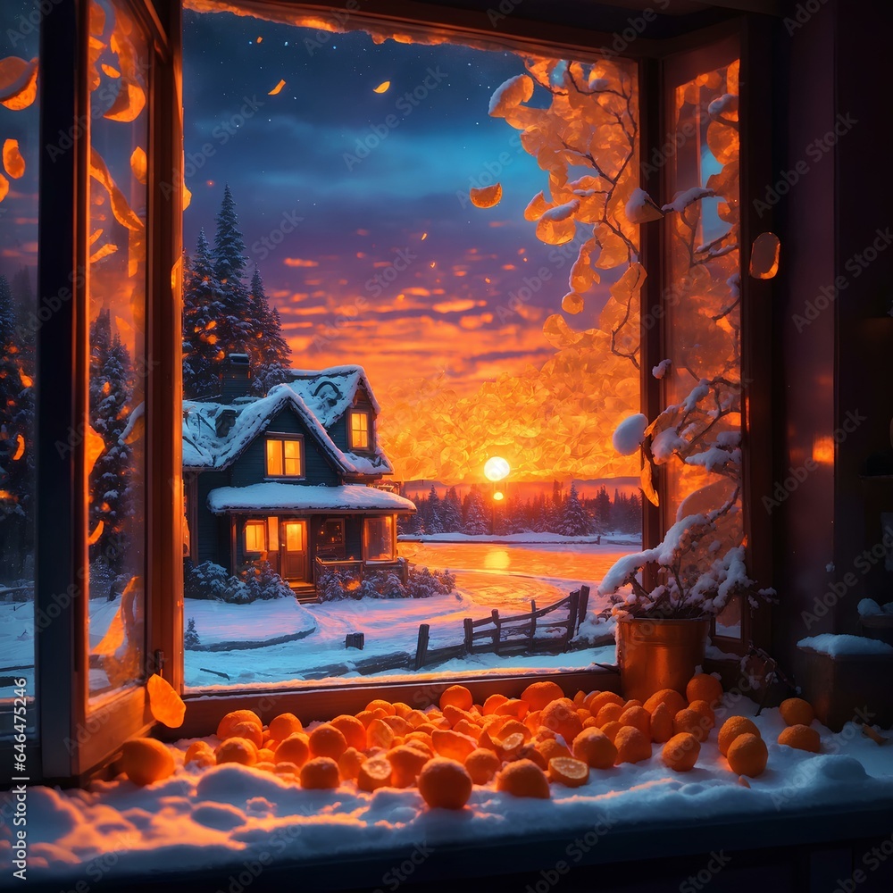 Window View Orange beautiful illuminated view from a window decorated with orange peels ...