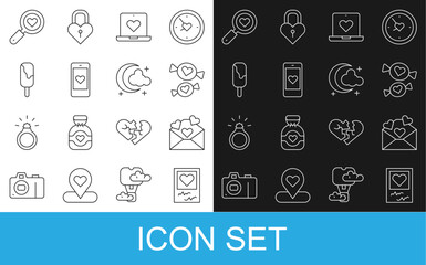 Poster - Set line Photo frames and hearts, Envelope with Valentine, Candy, Dating app online, Mobile, Ice cream, Search love and Moon stars icon. Vector