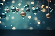 Photo Of Colourful Christmas Ornaments Hanging From String Against A Blue Backgrounds Created With Generative AI Technology